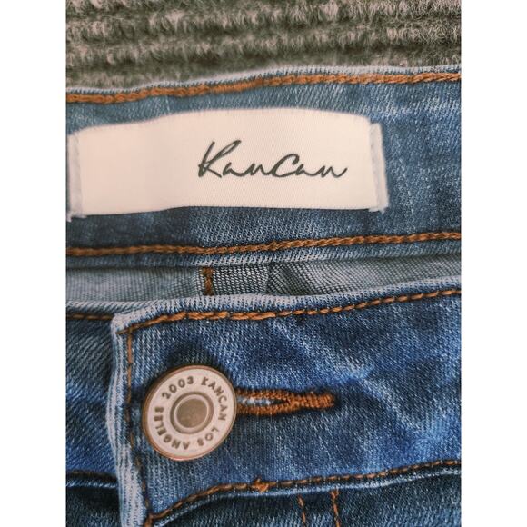 Kancan Womens XL Jeans Blue Denim Medium Wash Fringe Hem Stretch Button Fly - Picture 7 of 13